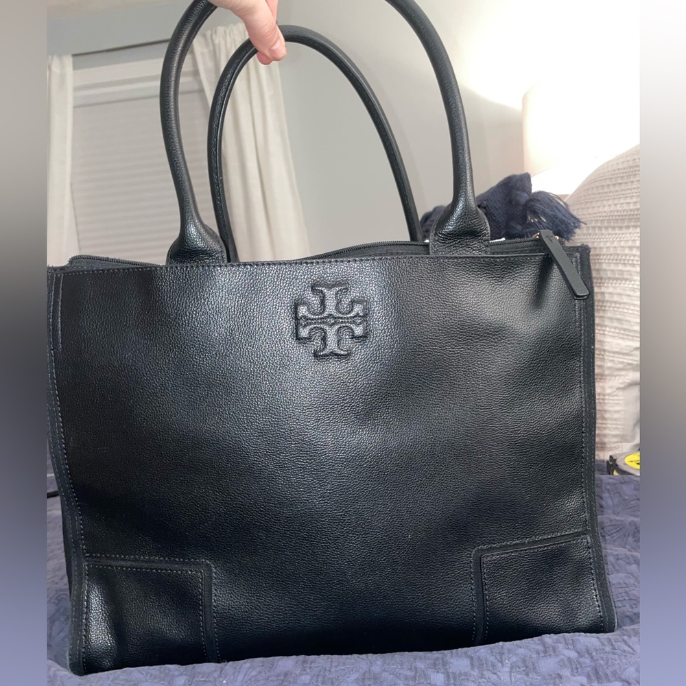 Black Tory Burch pebble leather purse with canvas sides